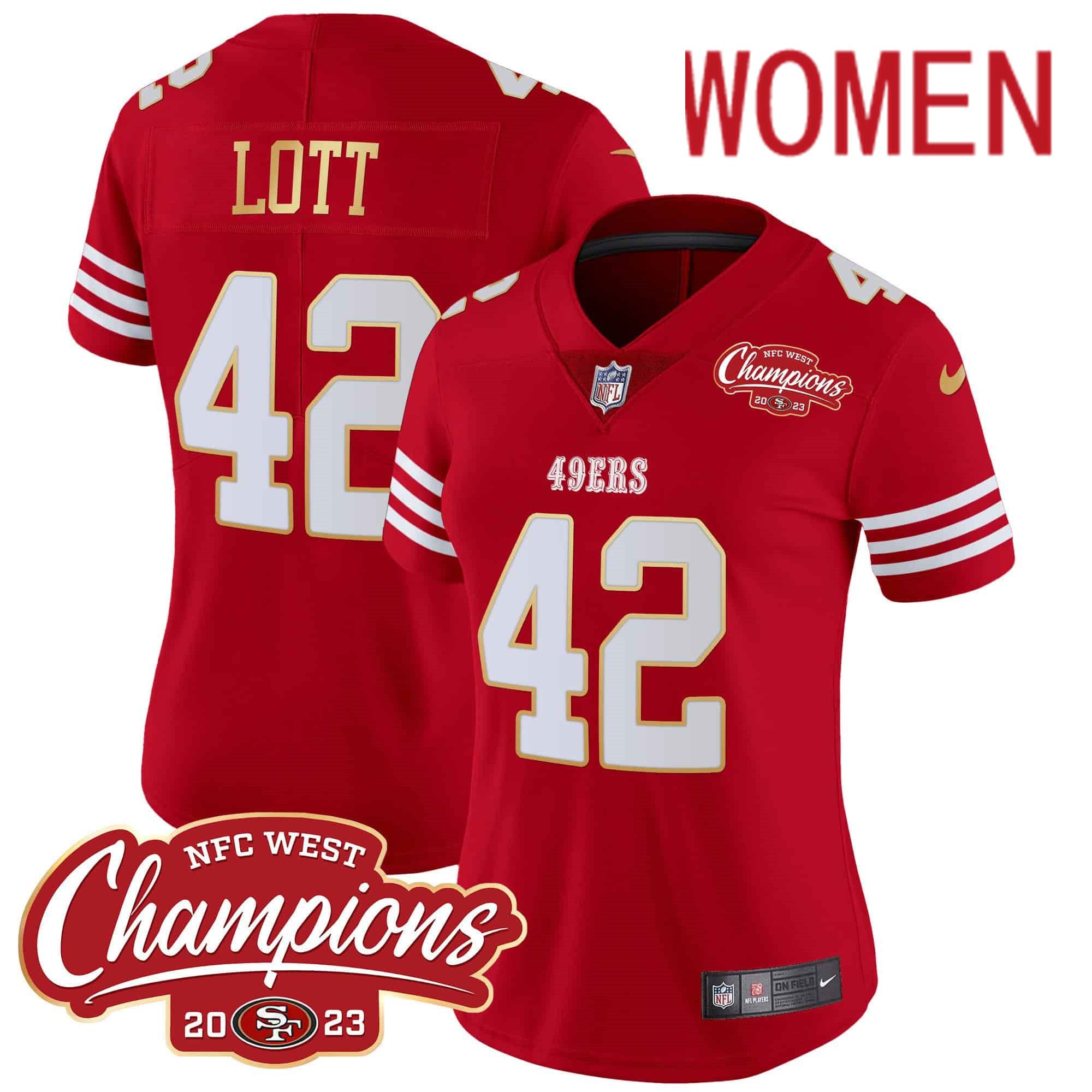 Women San Francisco 49ers 42 Lott Red 2024 Nike NFC West Champions Gold Trim Vapor NFL Jersey style 1